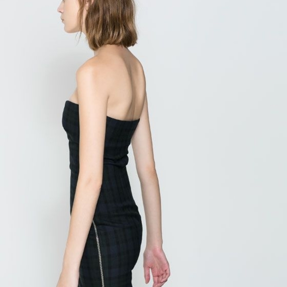Zara blue green plaid strapless dress